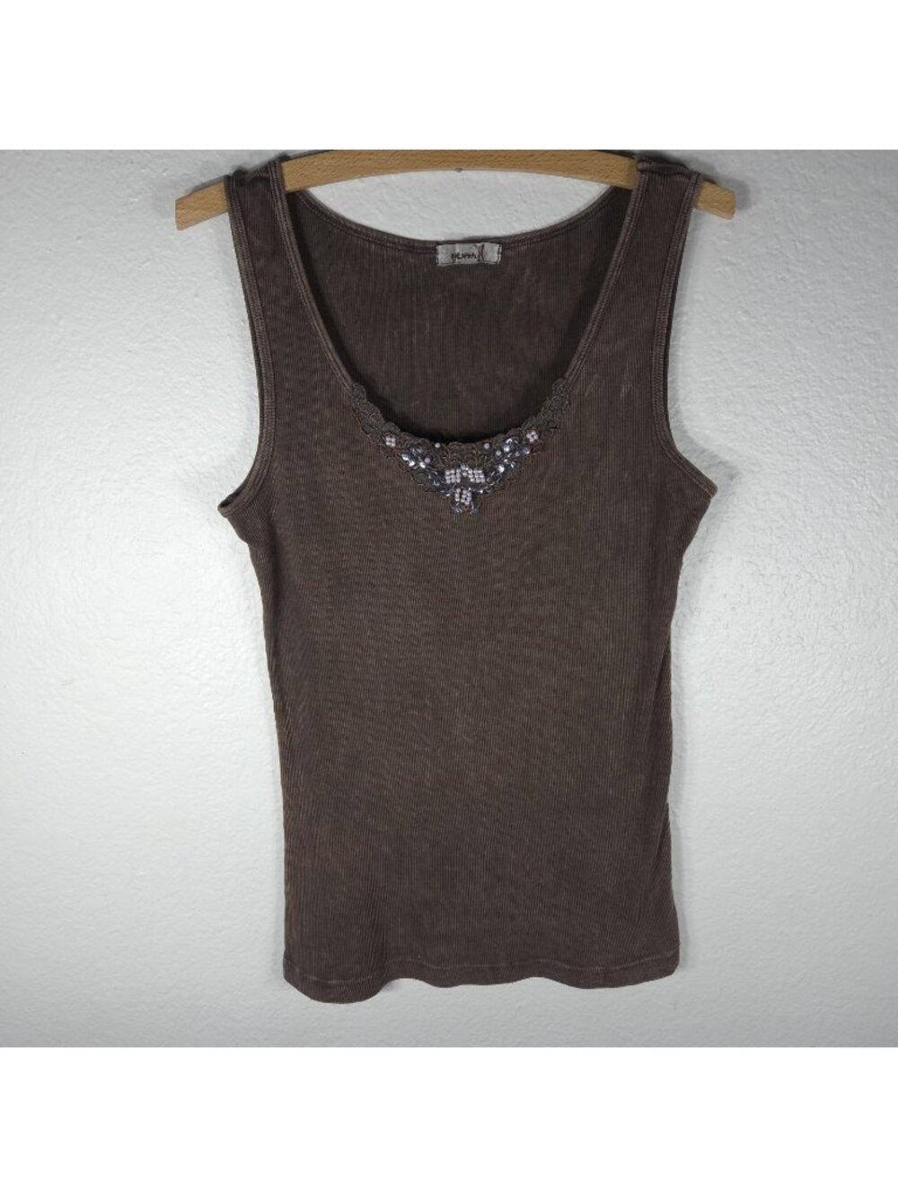 Y2K One World Acid Wash Brown Ribbed Tank Top XS Lace Sequin Beaded Boho VTG
